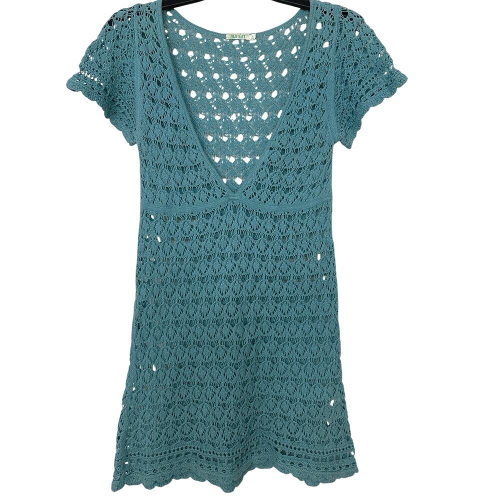 Vintage 90s Y2K Cotton Crochet Boho Mini Dress Turquoise Mermaid Festival IndieM